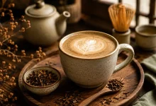 O ceașcă bună de hōjicha latte la ceas de seară.